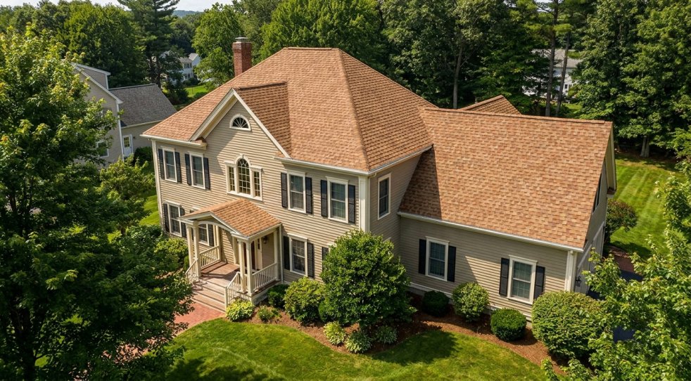 Two-story home in Spencer, MA with a new asphalt shingle roof and landscaped yard