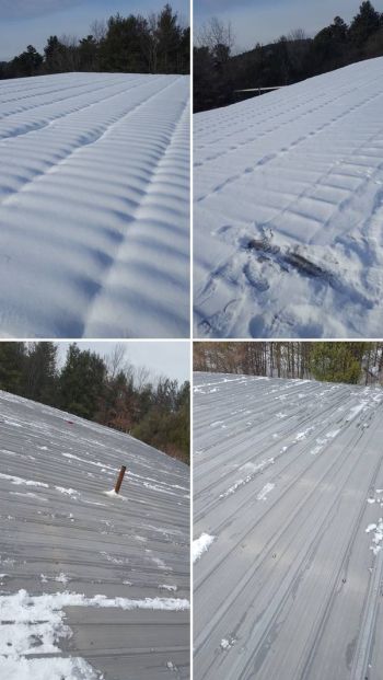 Man shoveling snow off roof.